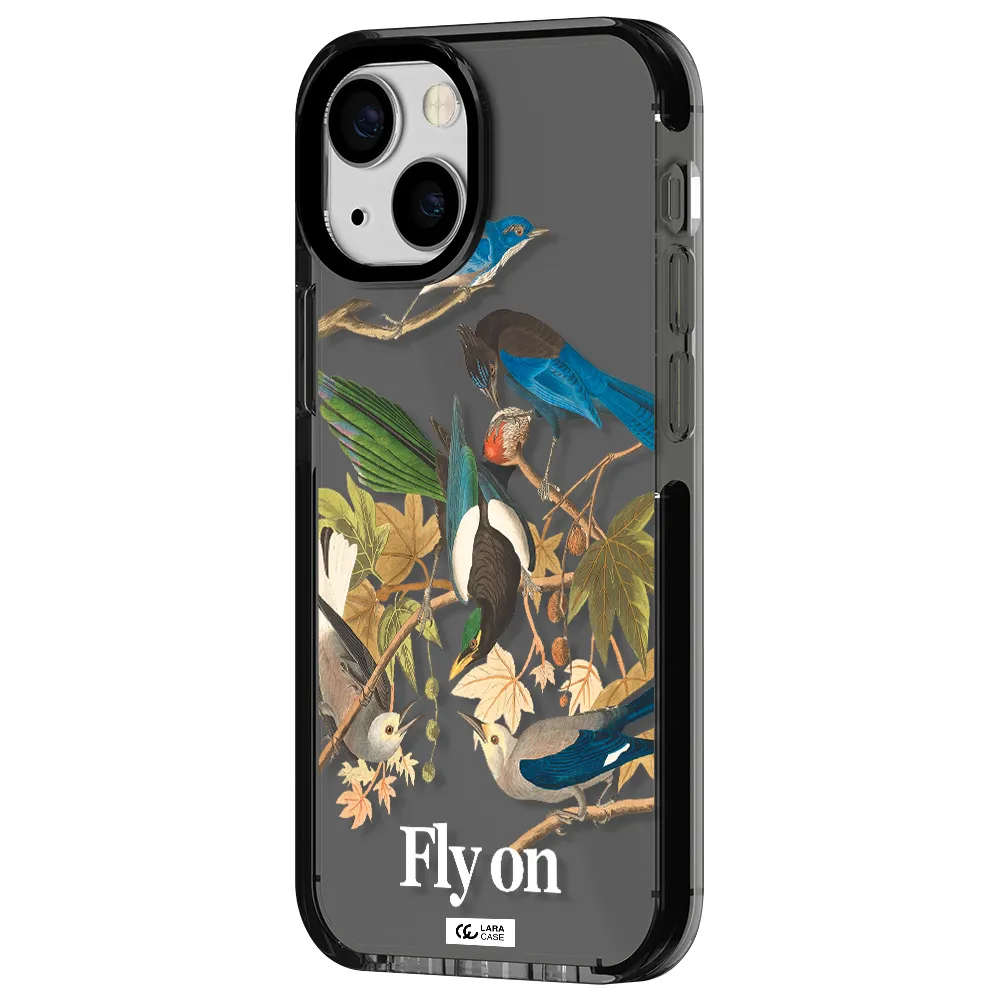 a group of birds on a branch Apple iPhone 15 impact Smoke Black Case