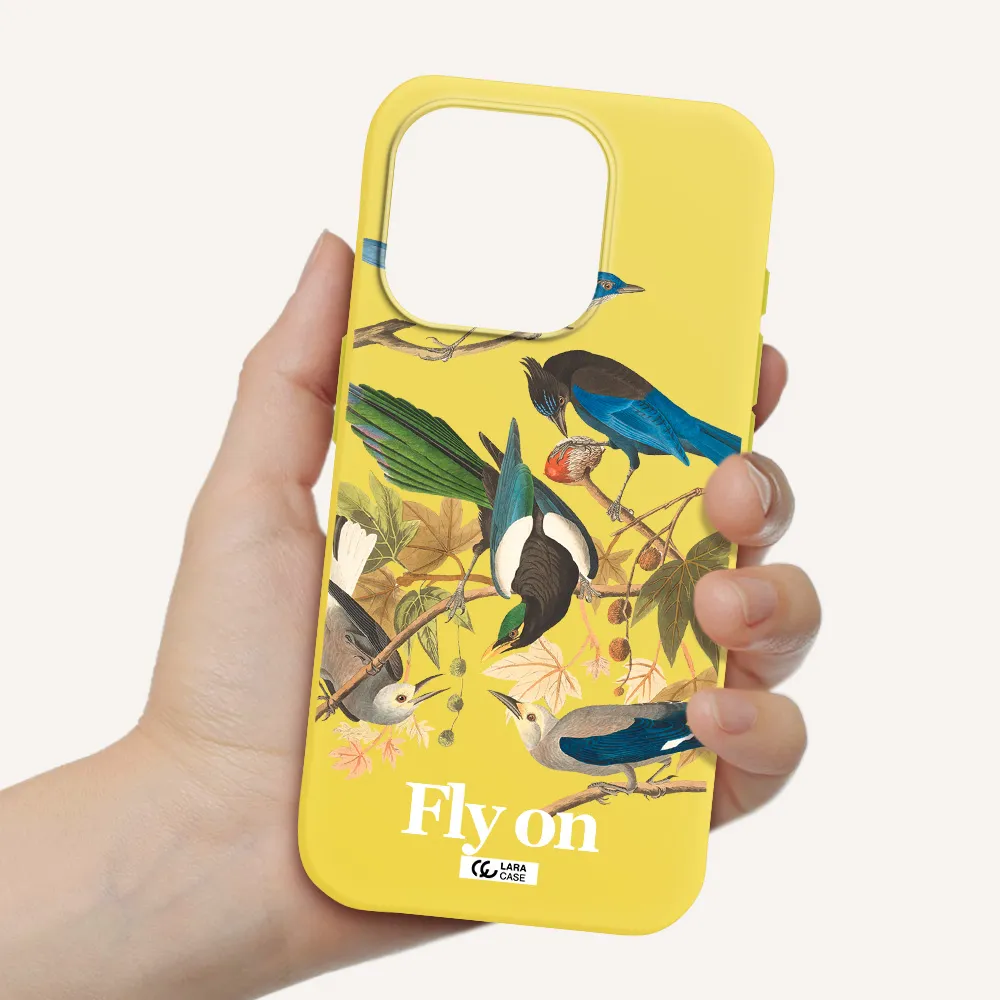 A Group Of Birds On A Branch Apple Iphone 15 Pro Silicone Canary Yellow Case