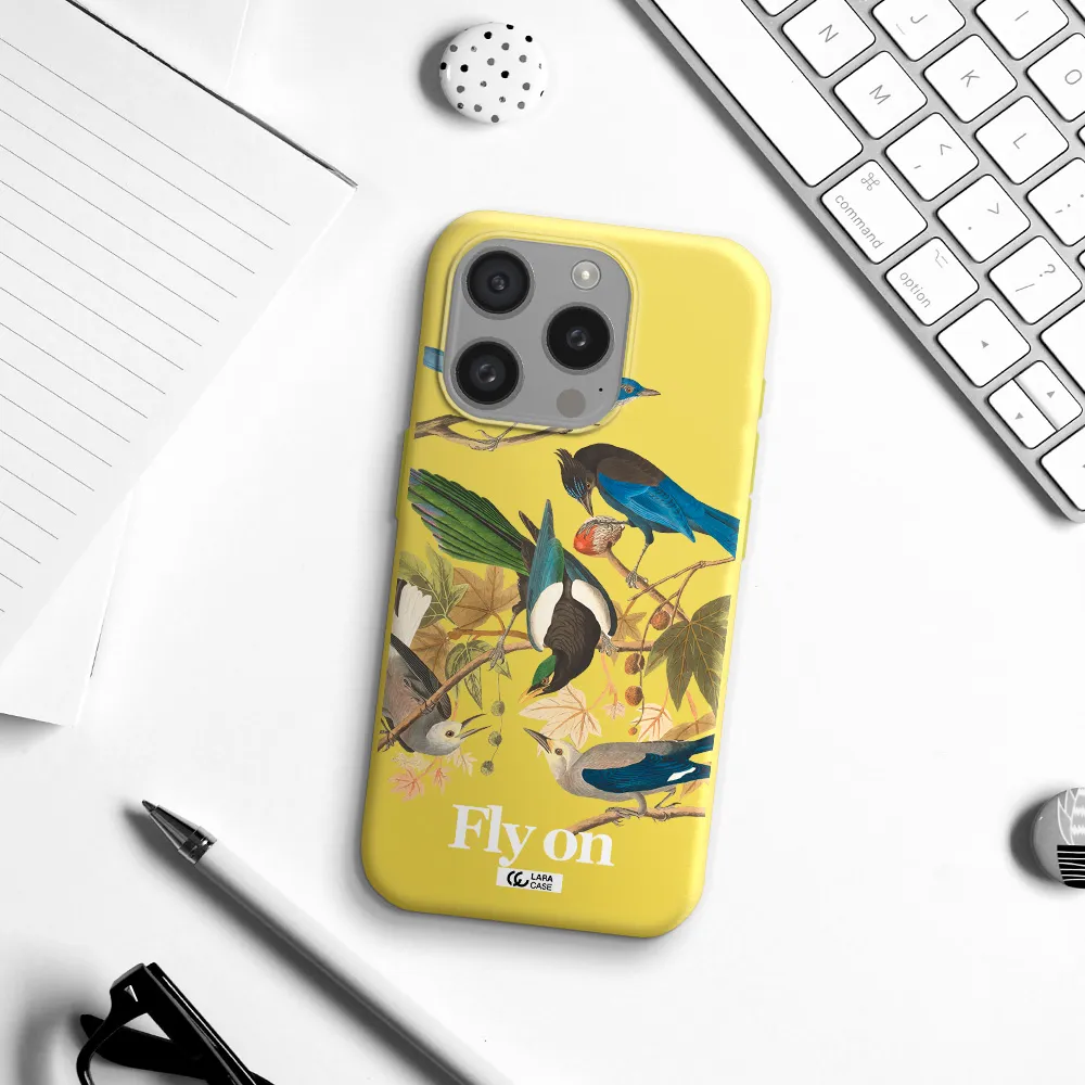 A Group Of Birds On A Branch Apple Iphone 15 Pro Silicone Canary Yellow Case