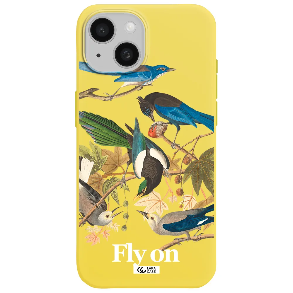 a group of birds on a branch Apple iPhone 15 Silicone canary yellow Case