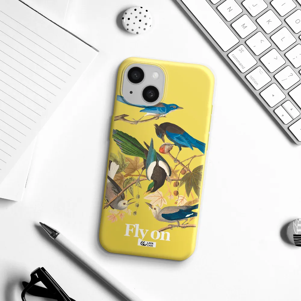 a group of birds on a branch Apple iPhone 15 Silicone canary yellow Case