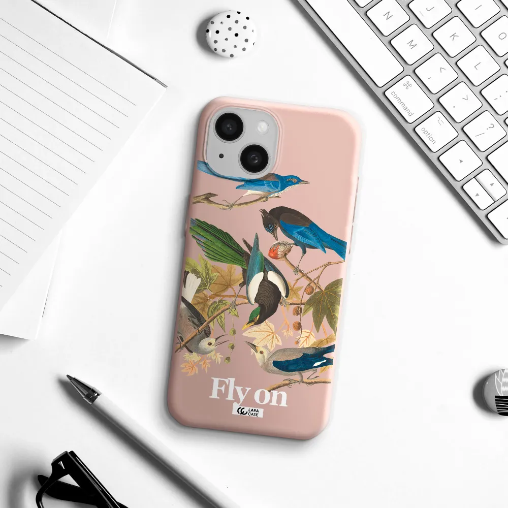 A Group Of Birds On A Branch Apple Iphone 15 Silicone Pastel Pink Case