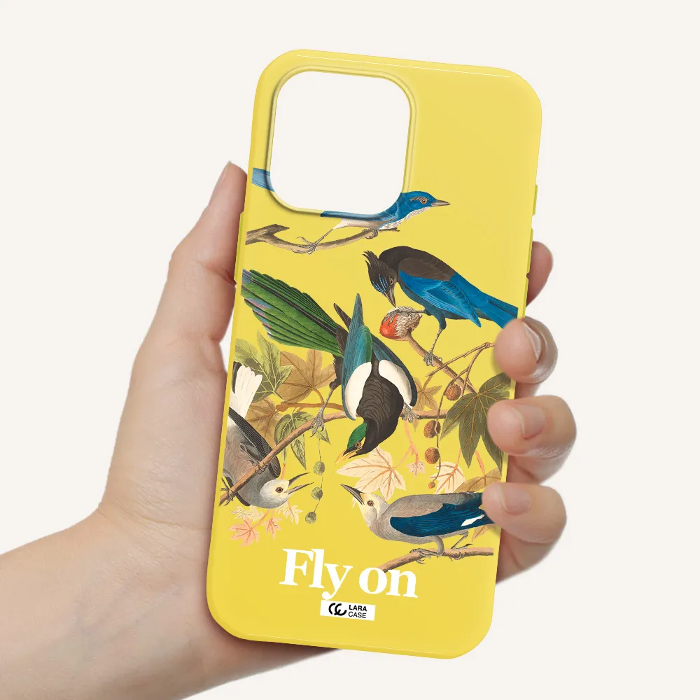 A Group Of Birds On A Branch Apple Iphone 16 Pro Max Silicone Canary Yellow Case