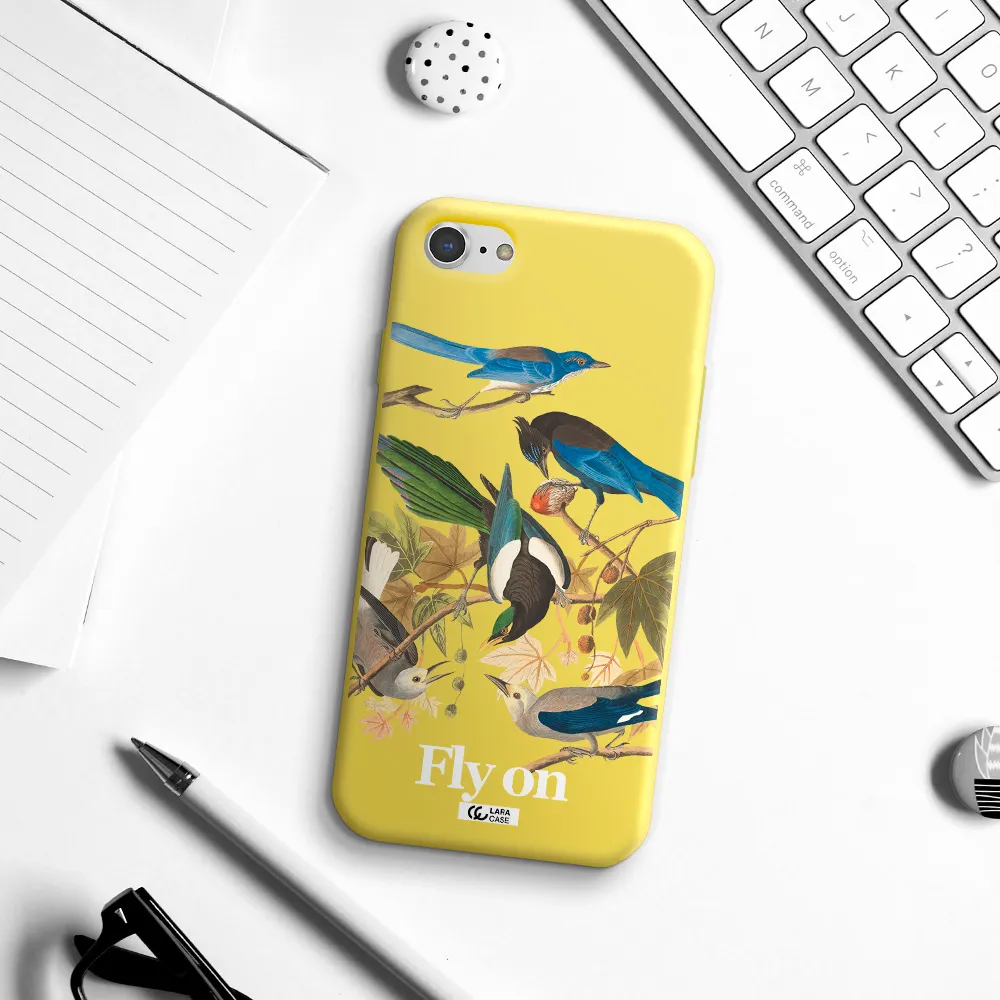 a group of birds on a branch Apple iPhone 8 Silicone canary yellow Case