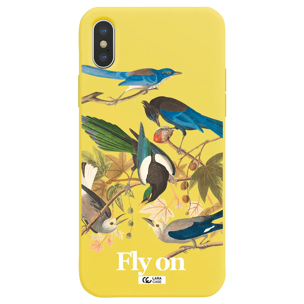 a group of birds on a branch Apple iPhone XS Silicone canary yellow Case