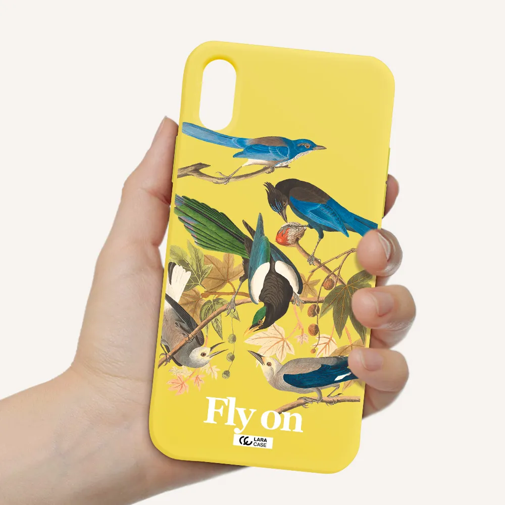 a group of birds on a branch Apple iPhone XS Silicone canary yellow Case