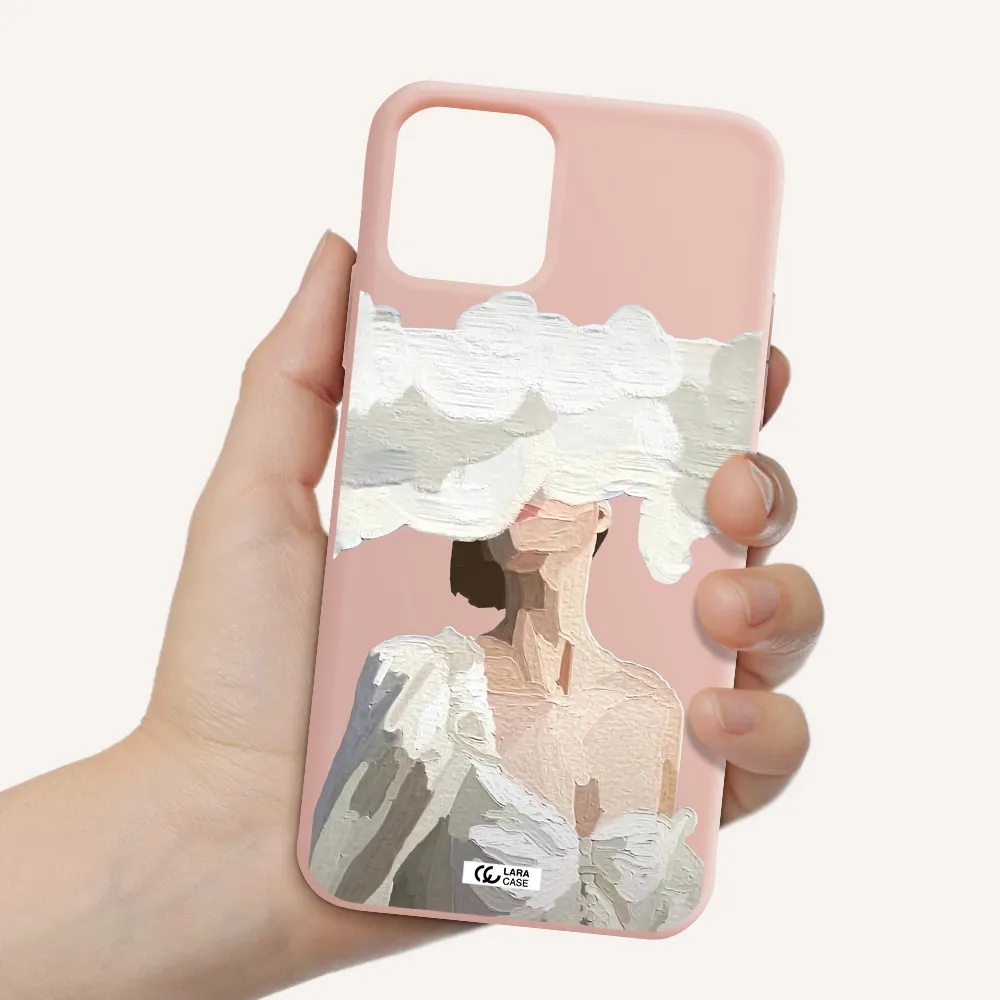 a woman with a cloud covering her face Apple iPhone 11 pro Silicone pastel pink Case