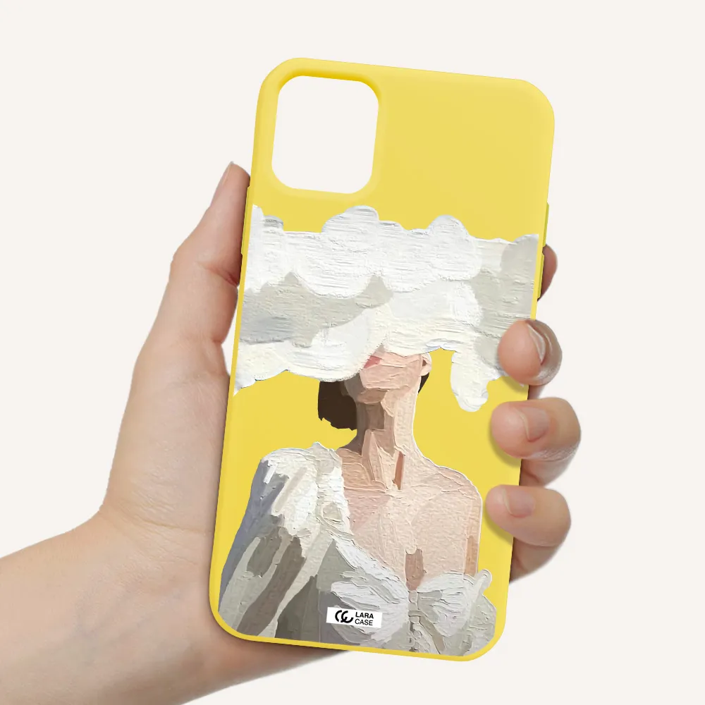 a woman with a cloud covering her face Apple iPhone 11 Silicone canary yellow Case