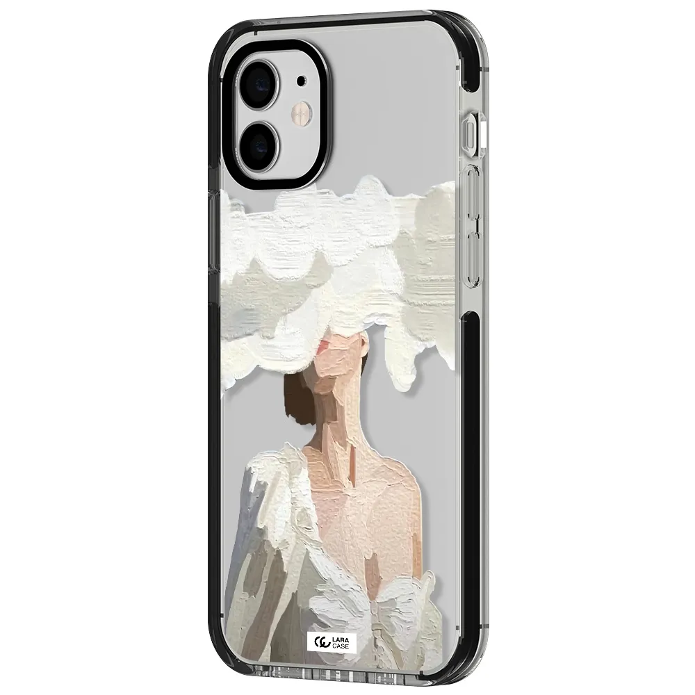 a woman with a cloud covering her face Apple iPhone 12 impact black border Case