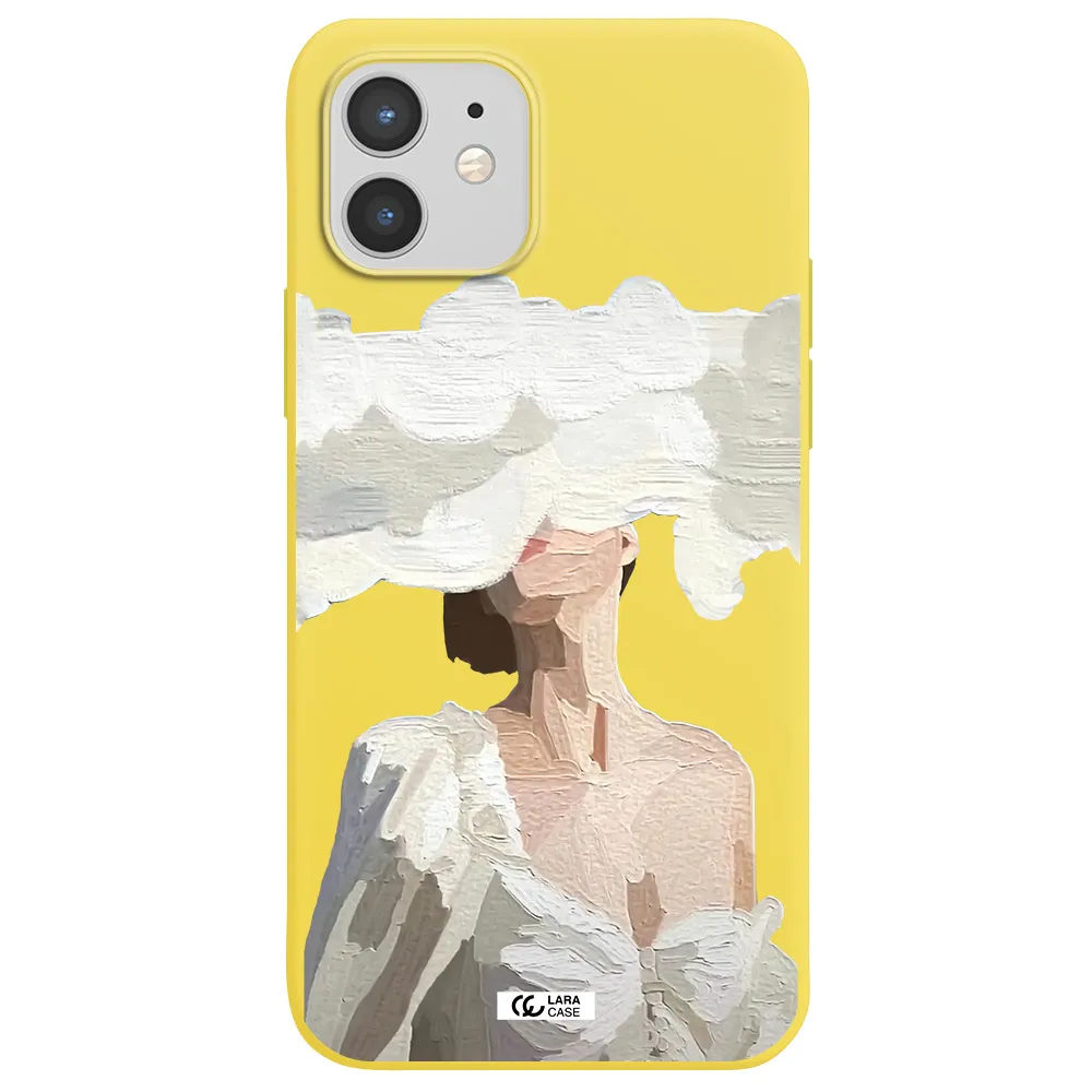 a woman with a cloud covering her face Apple iPhone 12 mini Silicone canary yellow Case