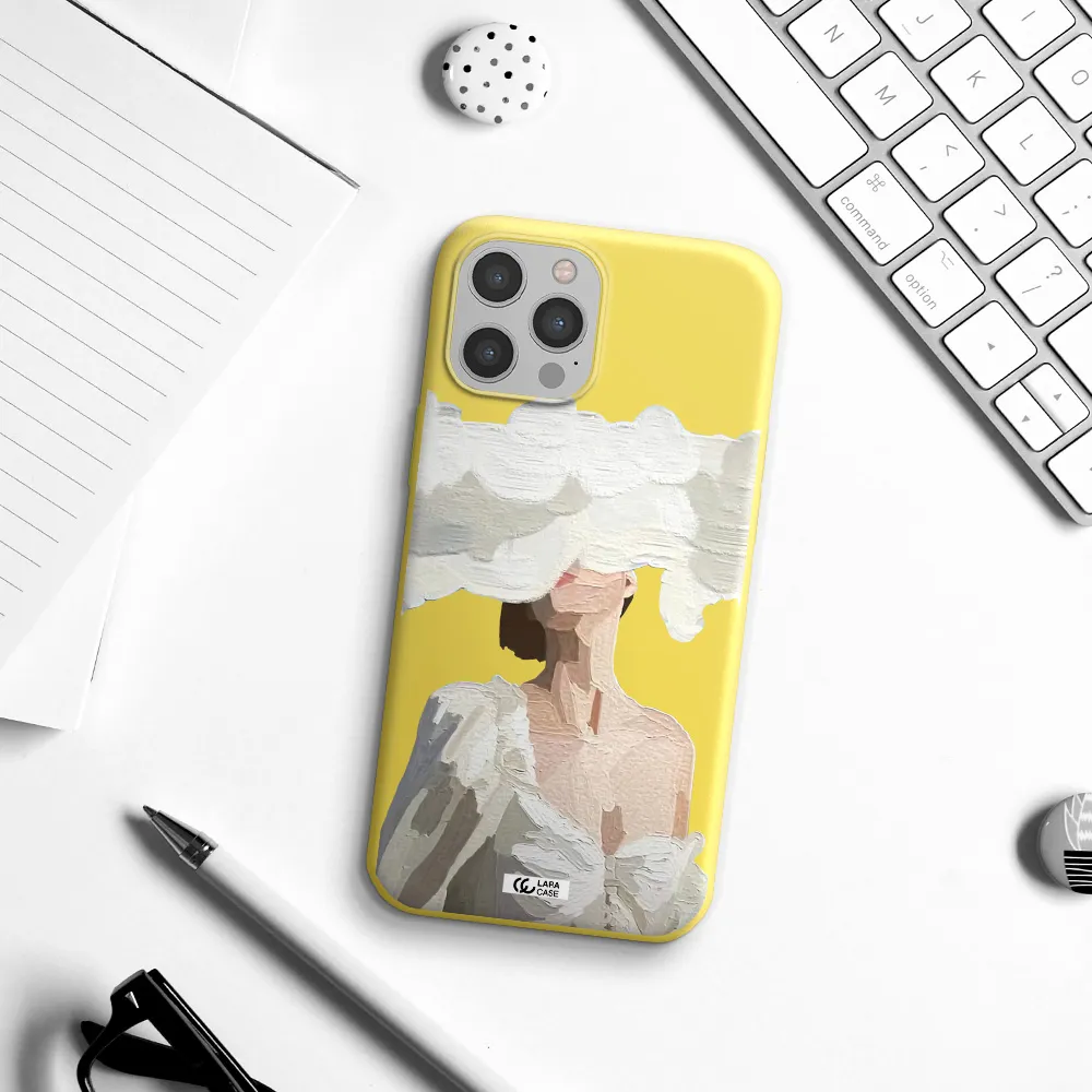 a woman with a cloud covering her face Apple iPhone 12 pro max Silicone canary yellow Case