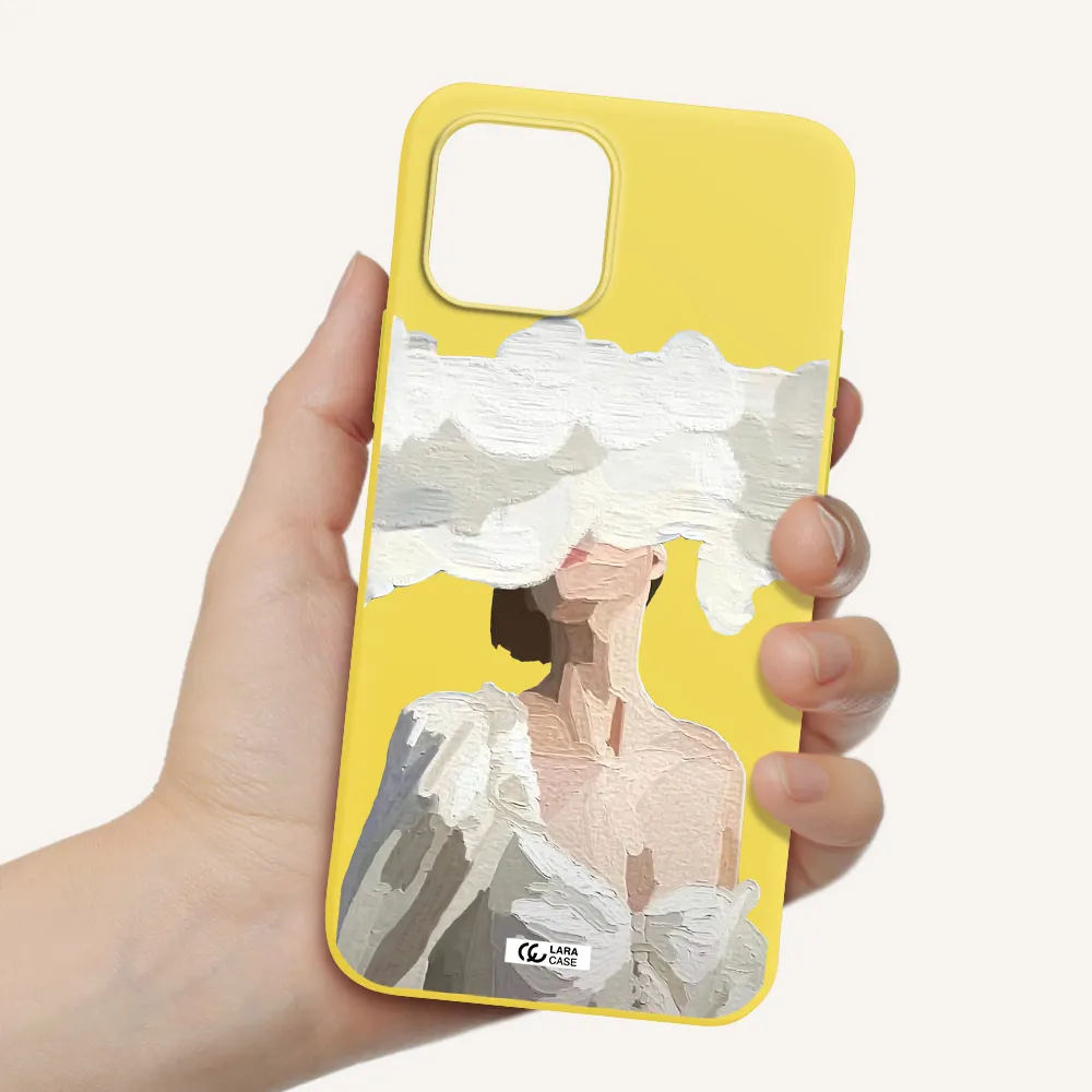 a woman with a cloud covering her face Apple iPhone 12 Silicone canary yellow Case