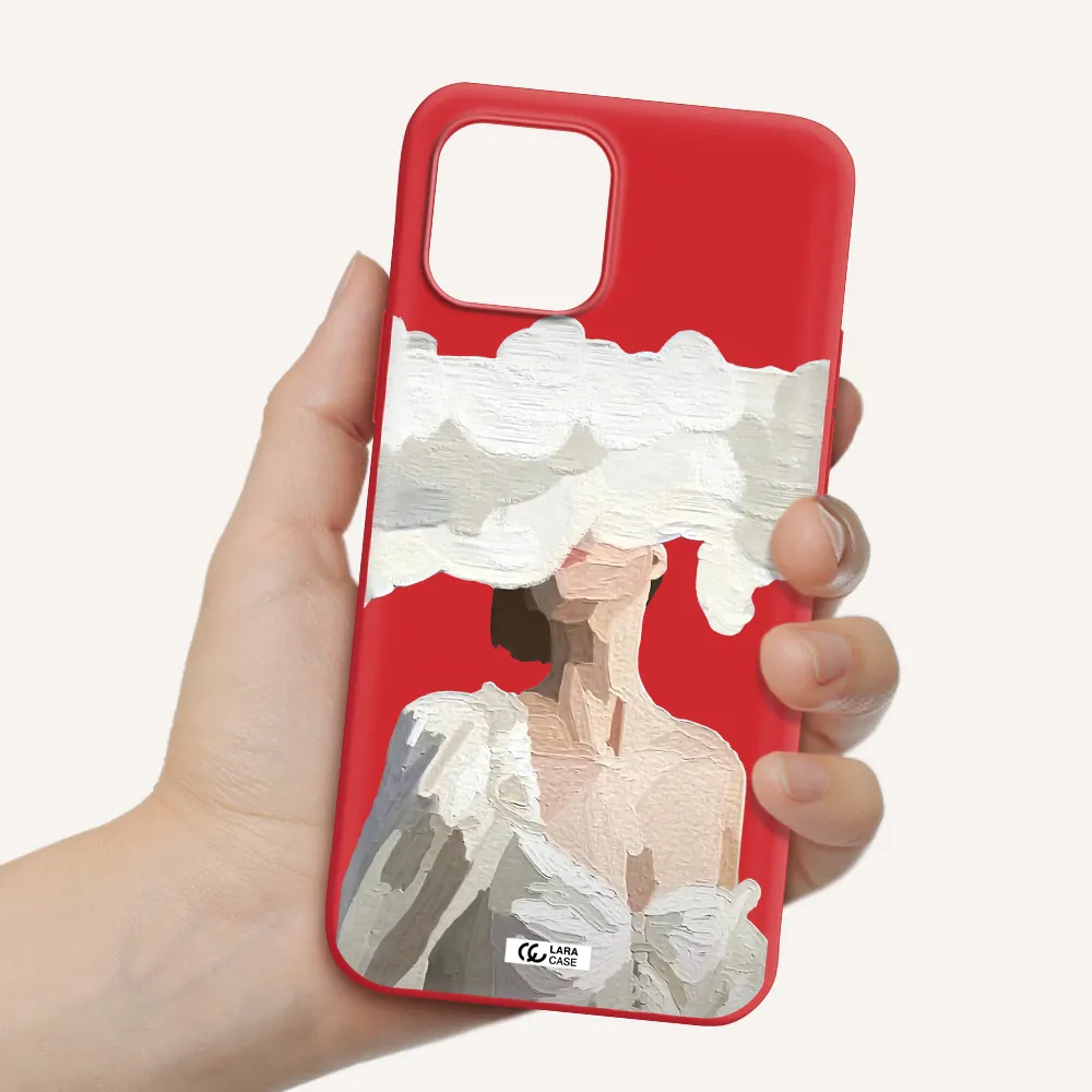 a woman with a cloud covering her face Apple iPhone 12 Silicone Imperial Red Case