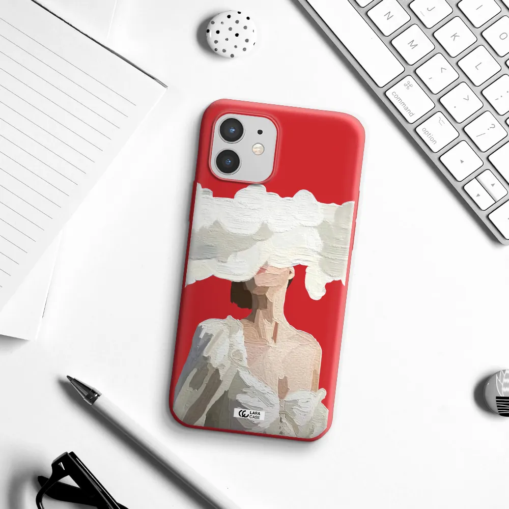 a woman with a cloud covering her face Apple iPhone 12 Silicone Imperial Red Case