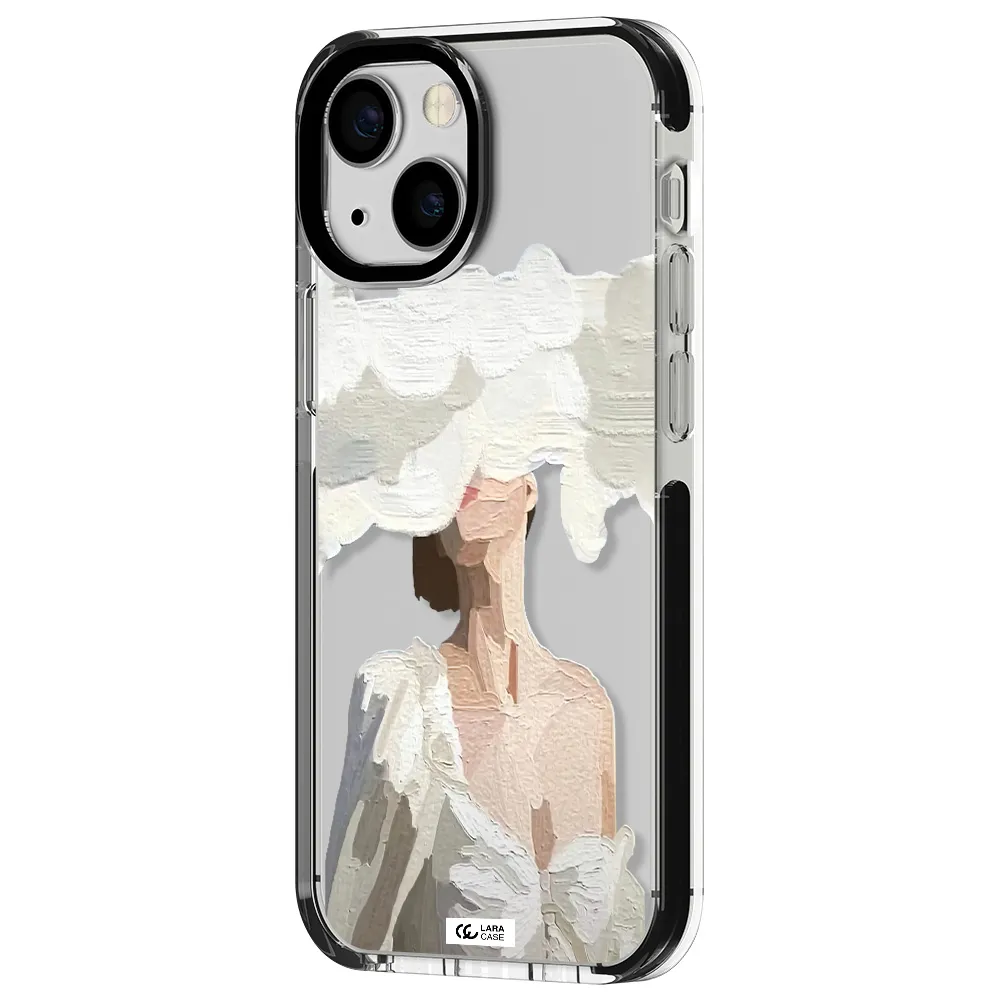 a woman with a cloud covering her face Apple iPhone 13 mini impact black border Case