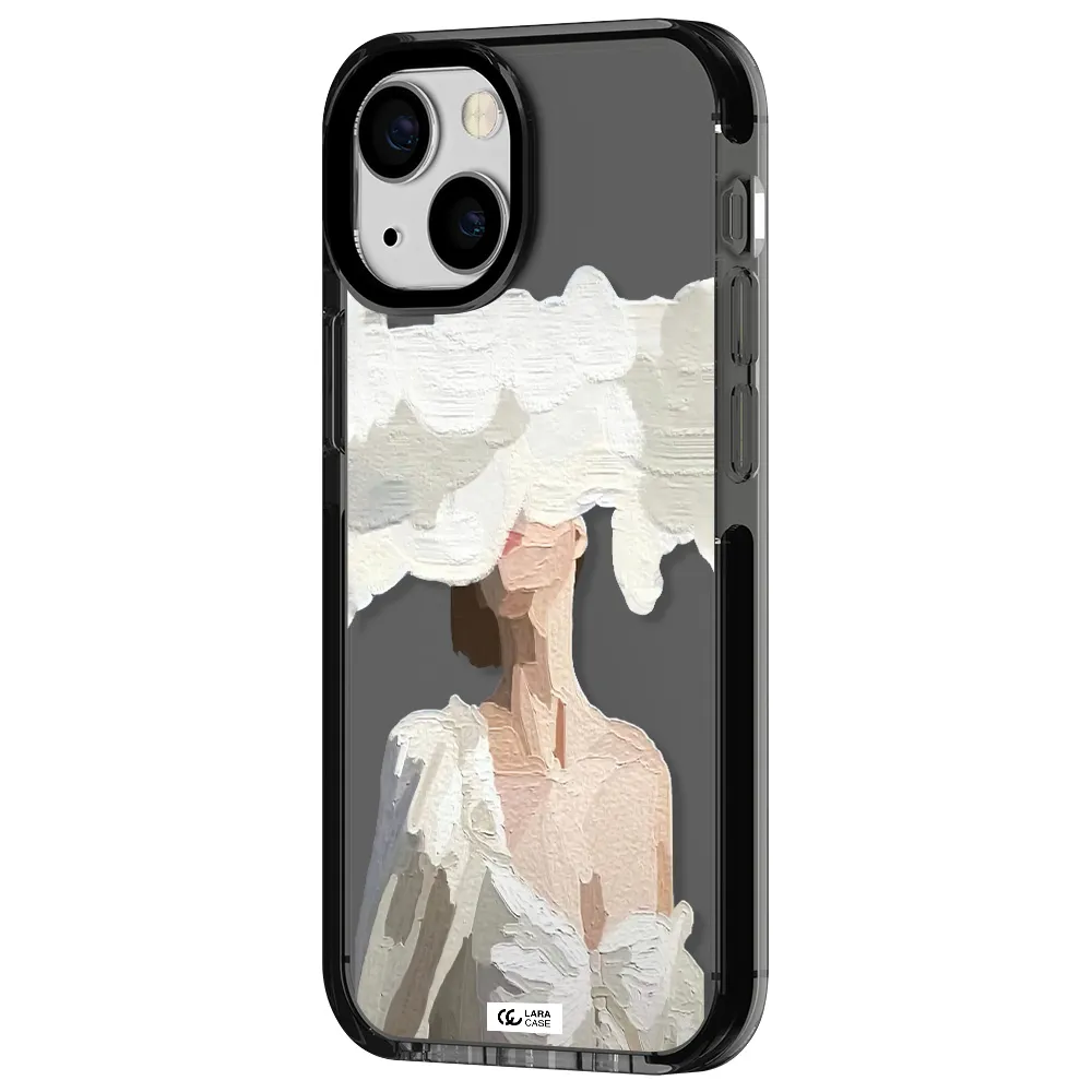 a woman with a cloud covering her face Apple iPhone 13 mini impact Smoke Black Case