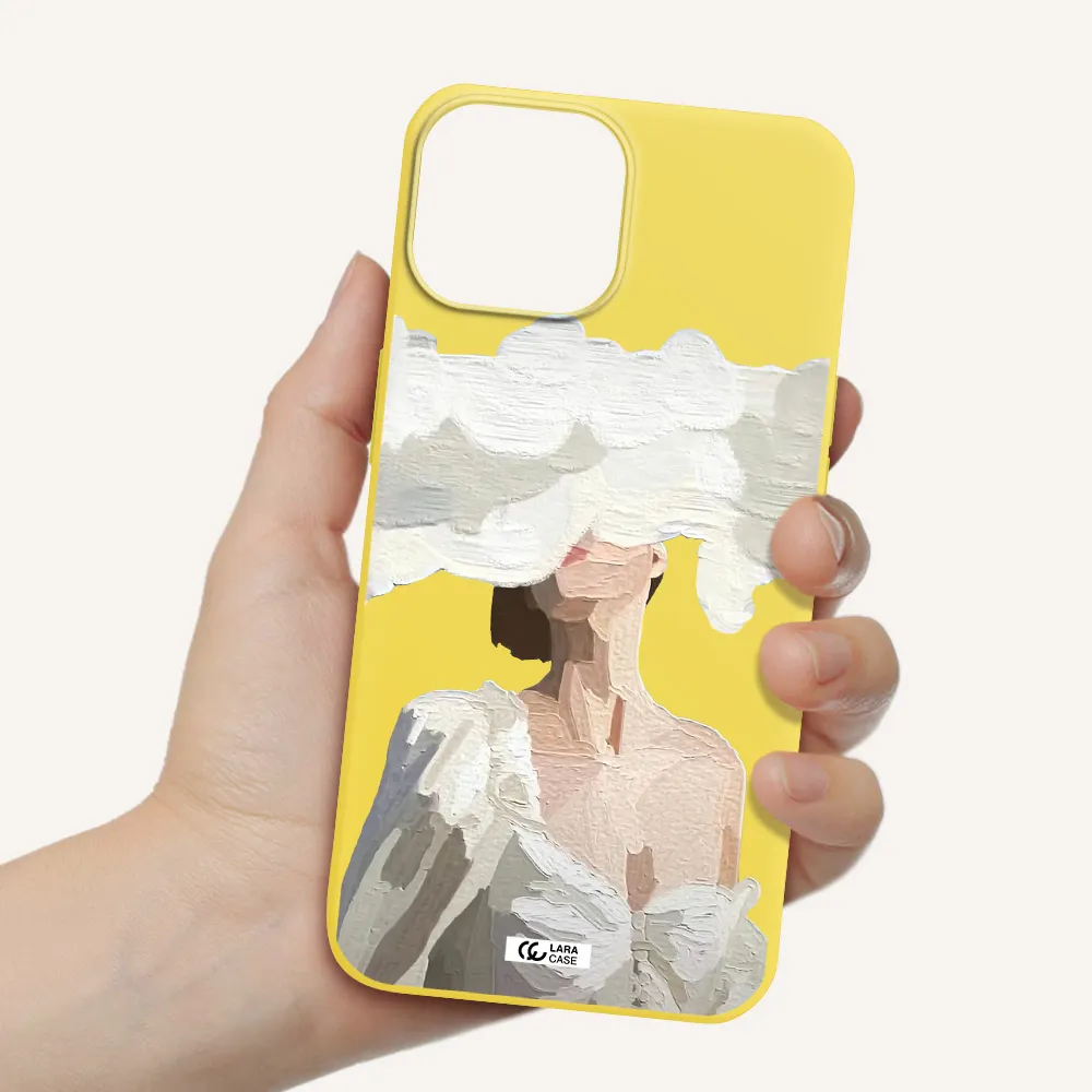 a woman with a cloud covering her face Apple iPhone 13 mini Silicone canary yellow Case