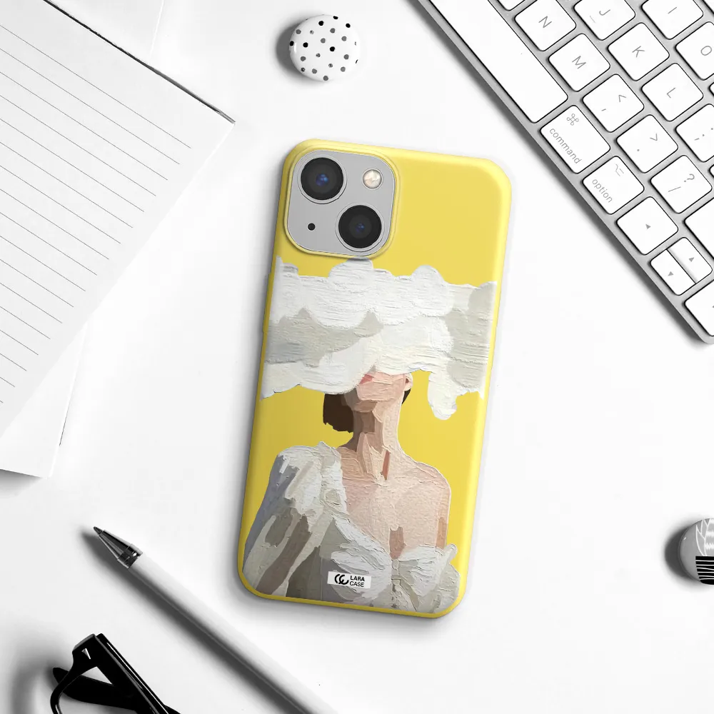 a woman with a cloud covering her face Apple iPhone 13 mini Silicone canary yellow Case