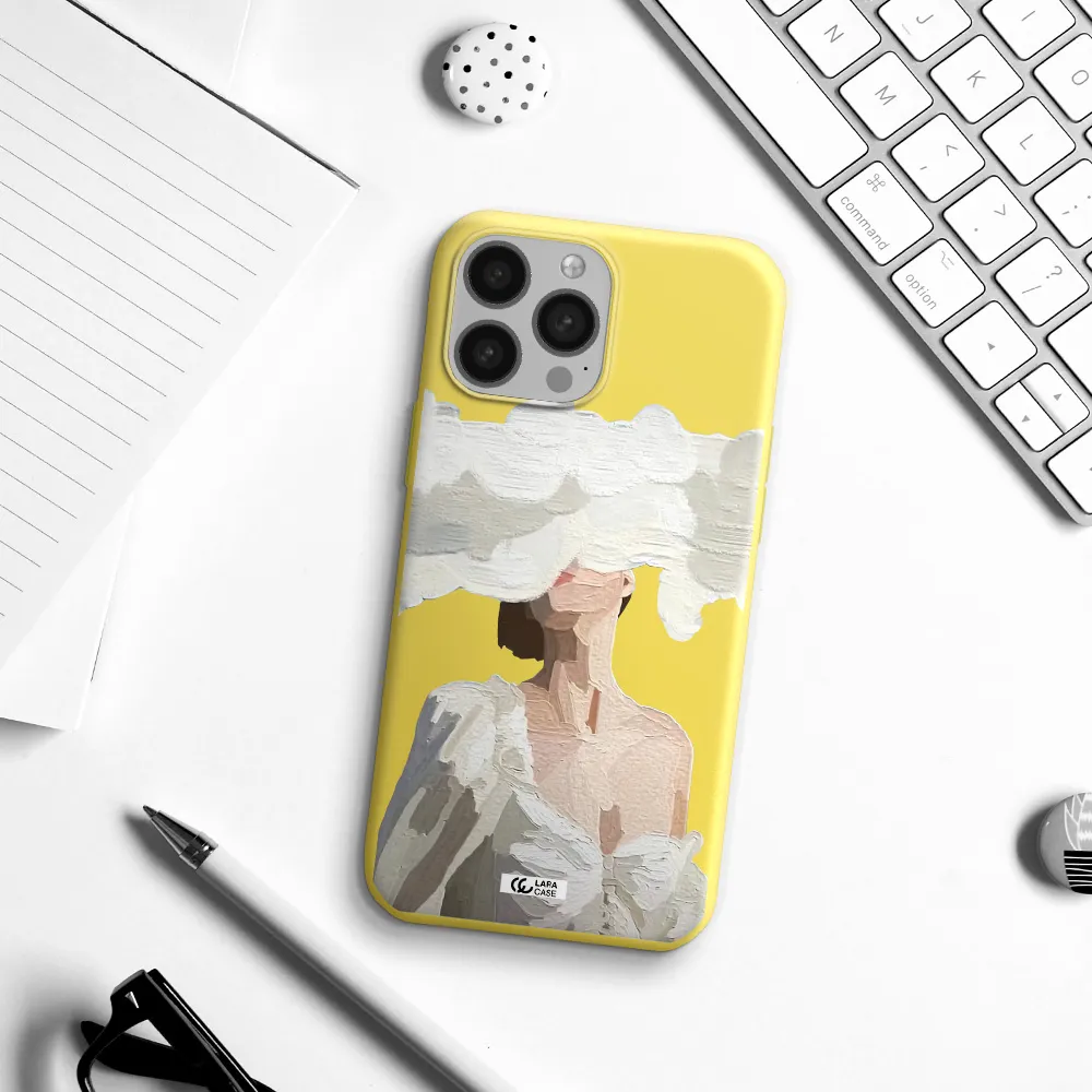 a woman with a cloud covering her face Apple iPhone 13 Pro Max Silicone canary yellow Case