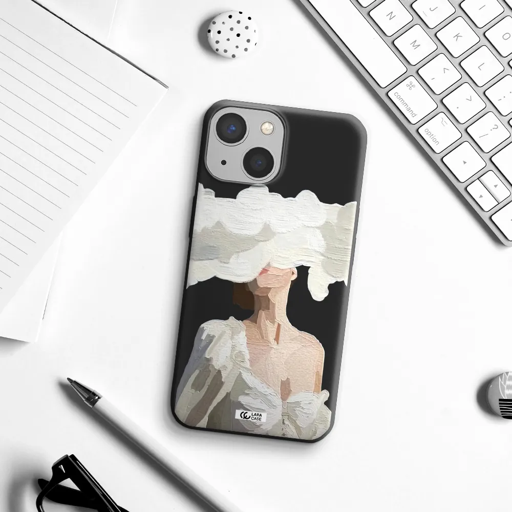 a woman with a cloud covering her face Apple iPhone 13 Silicone black Case