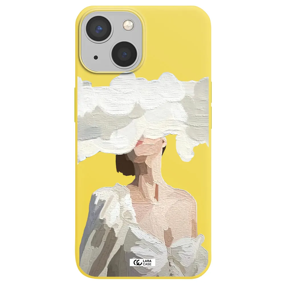 a woman with a cloud covering her face Apple iPhone 13 Silicone canary yellow Case