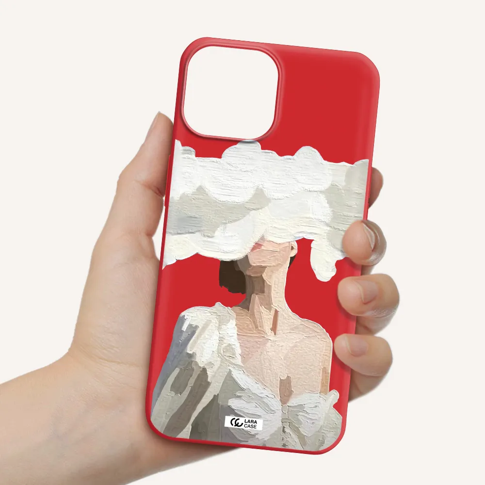 a woman with a cloud covering her face Apple iPhone 13 Silicone Imperial Red Case