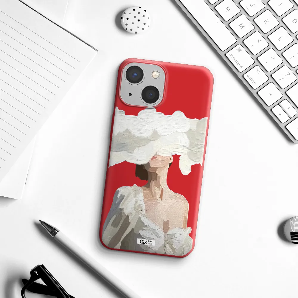 a woman with a cloud covering her face Apple iPhone 13 Silicone Imperial Red Case