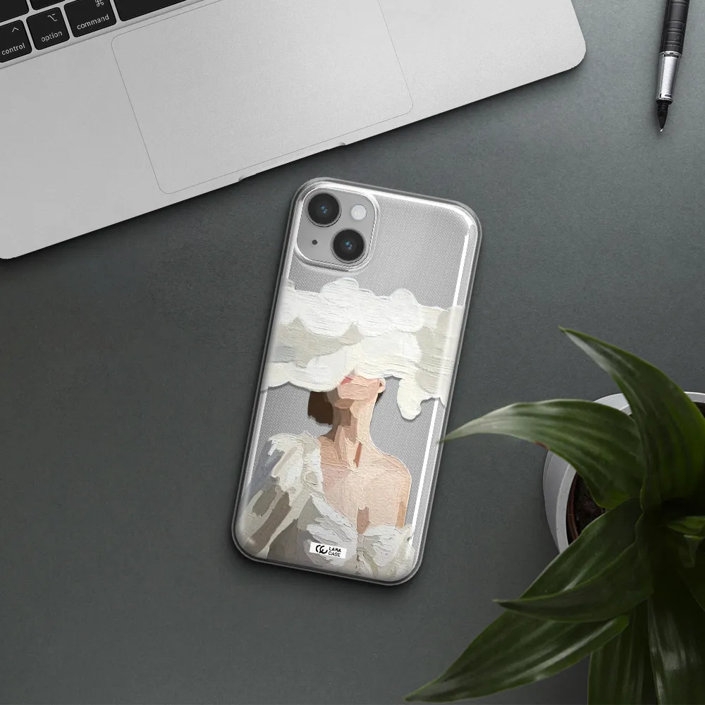 a woman with a cloud covering her face Apple iPhone 14 Clear TPU Case