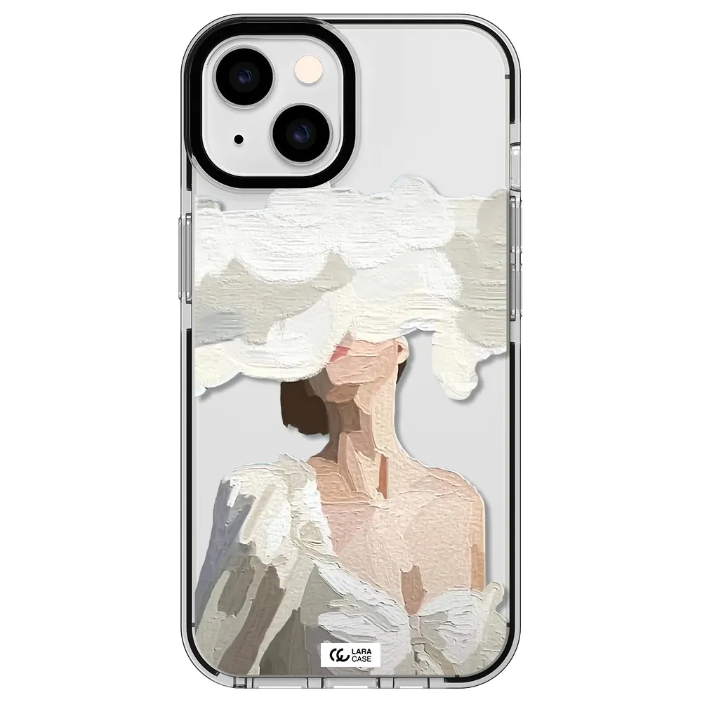 a woman with a cloud covering her face Apple iPhone 14 impact black border Case