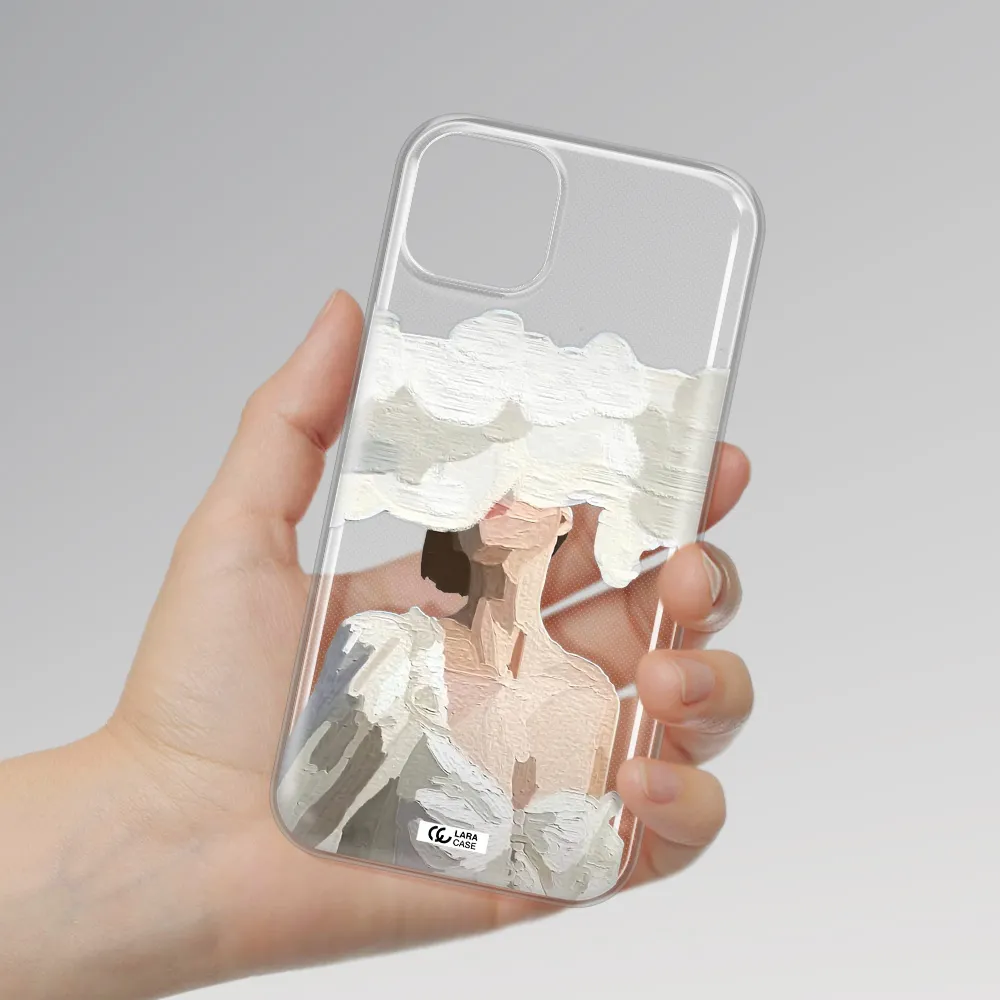 a woman with a cloud covering her face Apple iPhone 14 plus Clear TPU Case