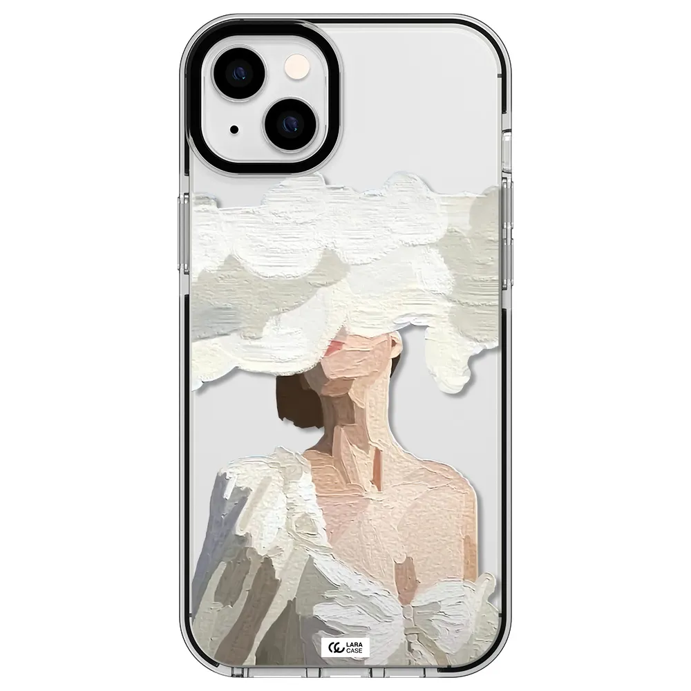 a woman with a cloud covering her face Apple iPhone 14 plus impact black border Case