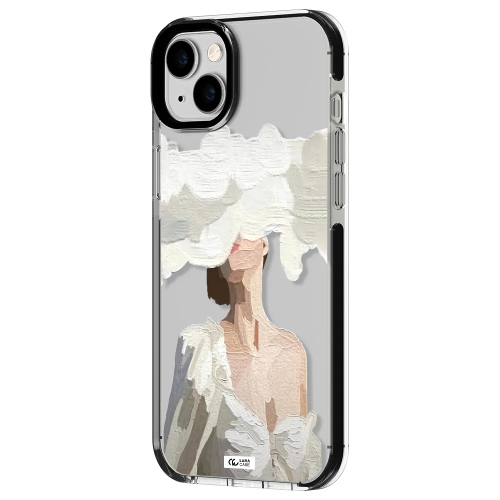 a woman with a cloud covering her face Apple iPhone 14 plus impact black border Case