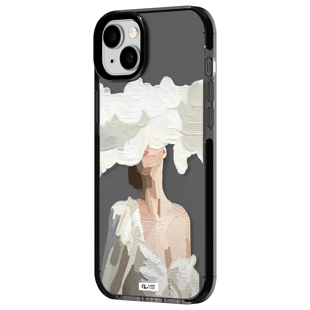 a woman with a cloud covering her face Apple iPhone 14 plus impact Smoke Black Case