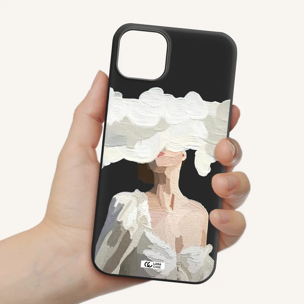 a woman with a cloud covering her face Apple iPhone 14 plus Silicone black Case