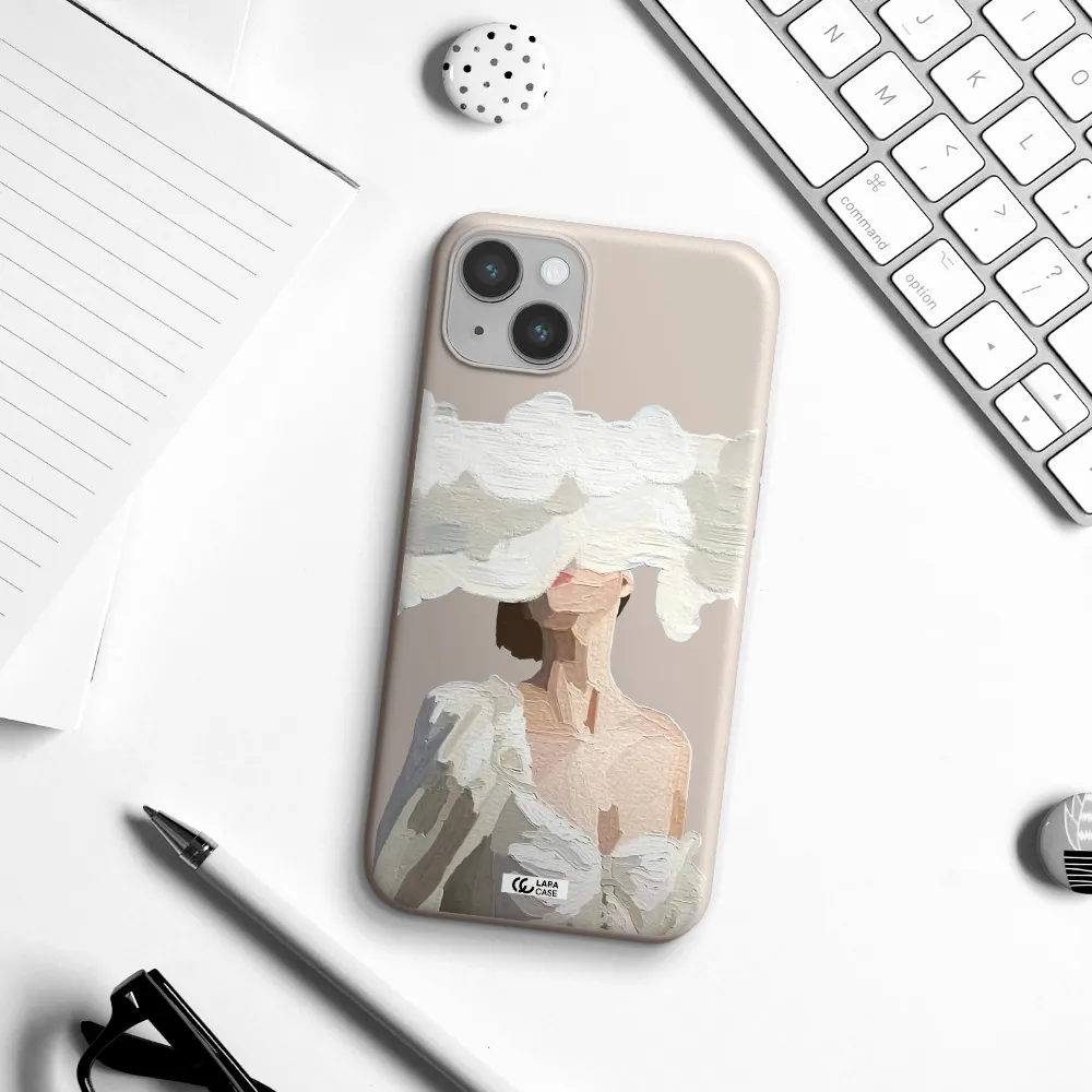 a woman with a cloud covering her face Apple iPhone 14 plus Silicone Stone Case