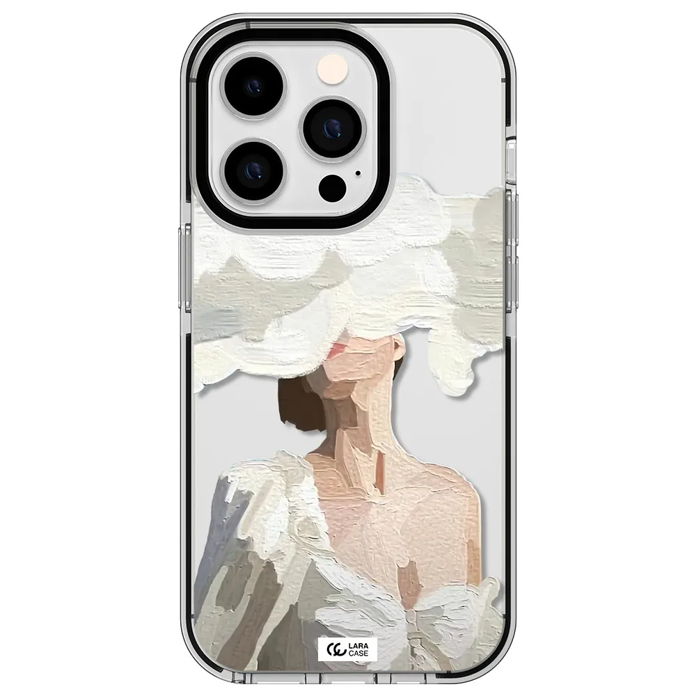 a woman with a cloud covering her face Apple iPhone 14 pro impact black border Case