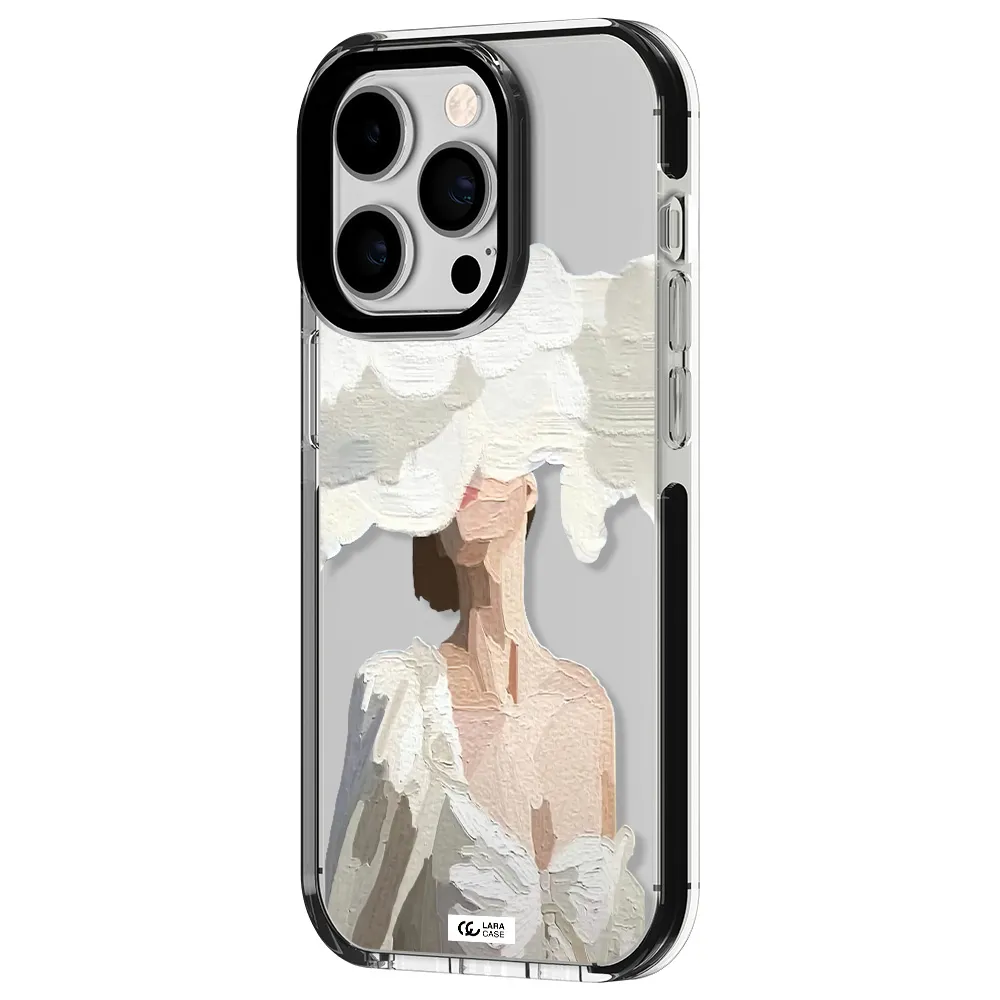 a woman with a cloud covering her face Apple iPhone 14 pro impact black border Case
