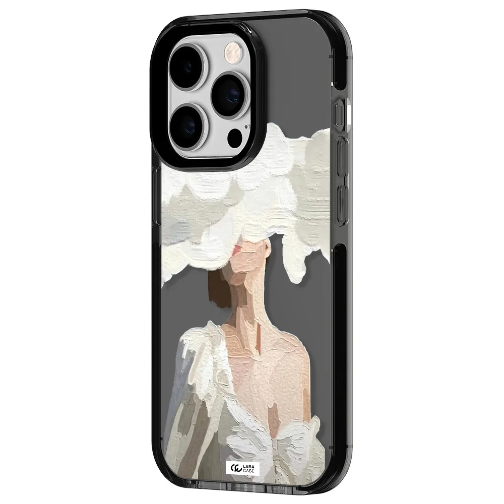 a woman with a cloud covering her face Apple iPhone 14 pro impact Smoke Black Case