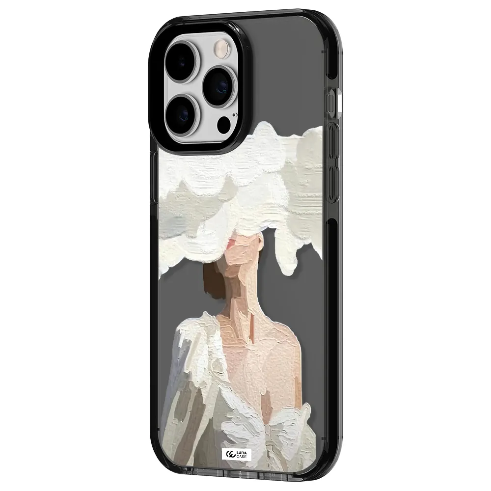 a woman with a cloud covering her face Apple iPhone 14 pro max impact Smoke Black Case