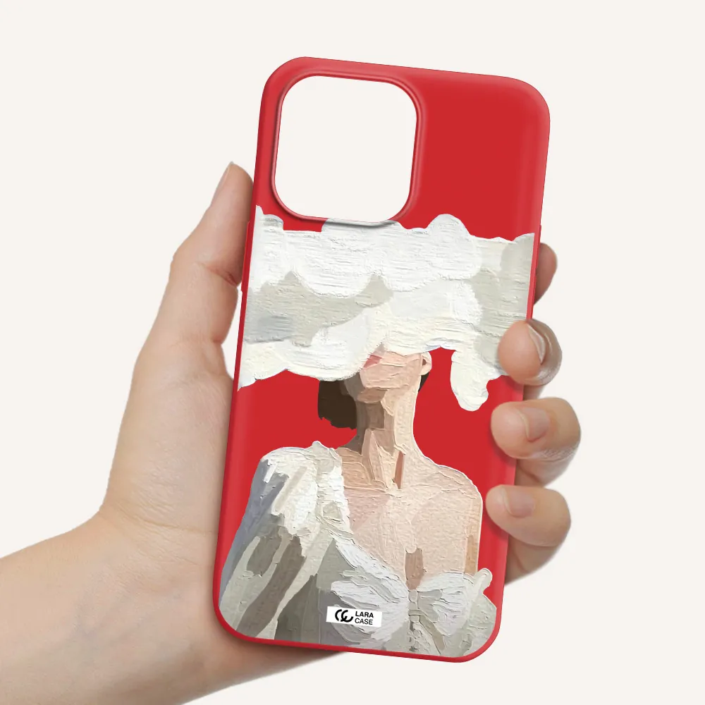 a woman with a cloud covering her face Apple iPhone 14 pro max Silicone Imperial Red Case