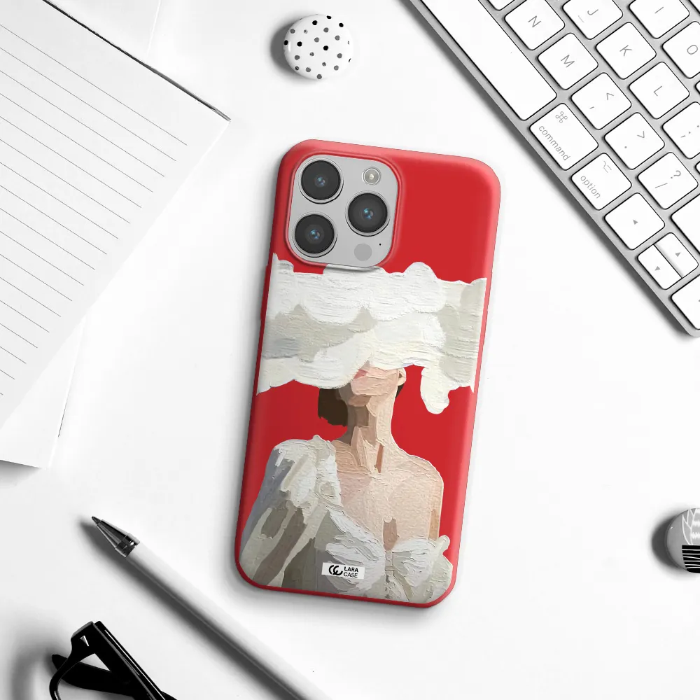 a woman with a cloud covering her face Apple iPhone 14 pro max Silicone Imperial Red Case