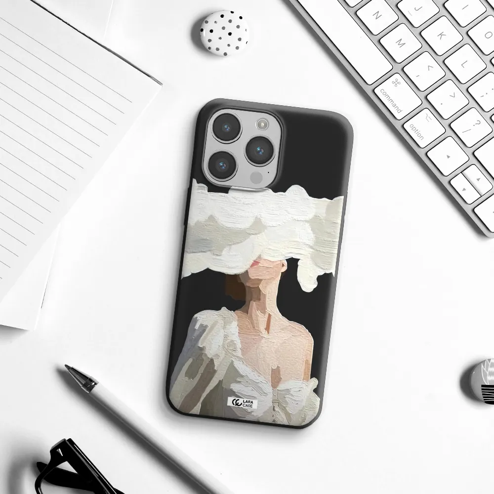 a woman with a cloud covering her face Apple iPhone 14 pro Silicone black Case
