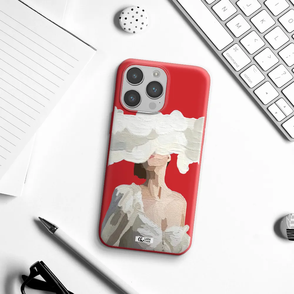 a woman with a cloud covering her face Apple iPhone 14 pro Silicone Imperial Red Case