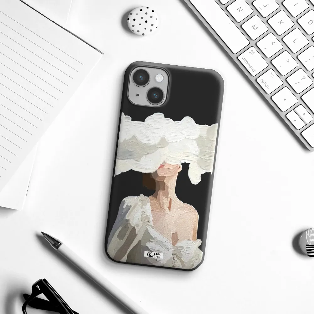 a woman with a cloud covering her face Apple iPhone 14 Silicone black Case