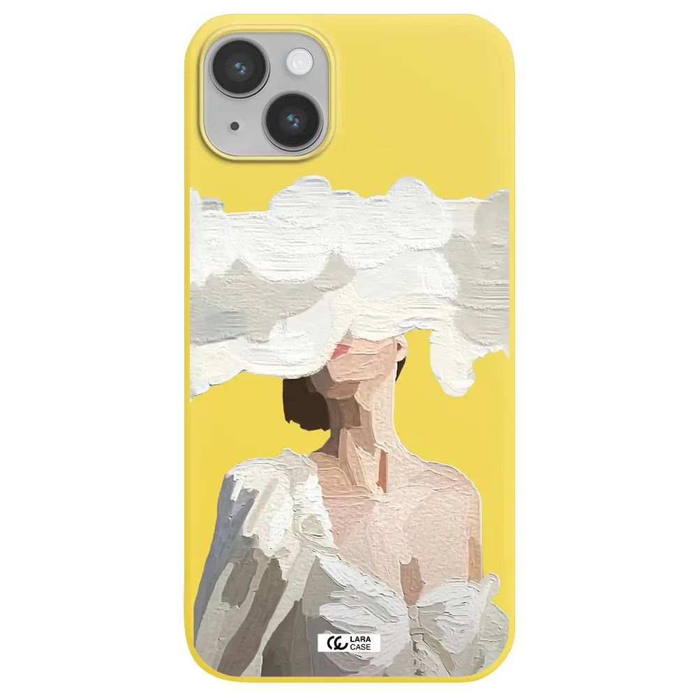 a woman with a cloud covering her face Apple iPhone 14 Silicone canary yellow Case