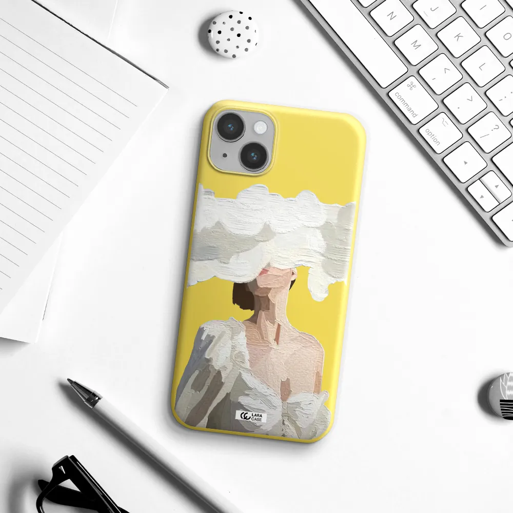 a woman with a cloud covering her face Apple iPhone 14 Silicone canary yellow Case