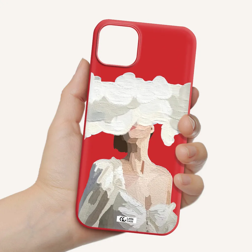 a woman with a cloud covering her face Apple iPhone 14 Silicone Imperial Red Case