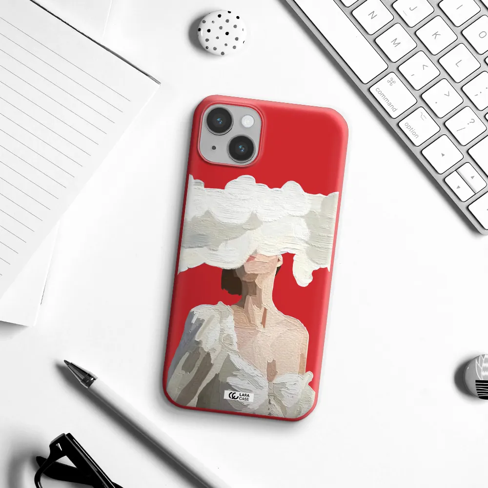 a woman with a cloud covering her face Apple iPhone 14 Silicone Imperial Red Case