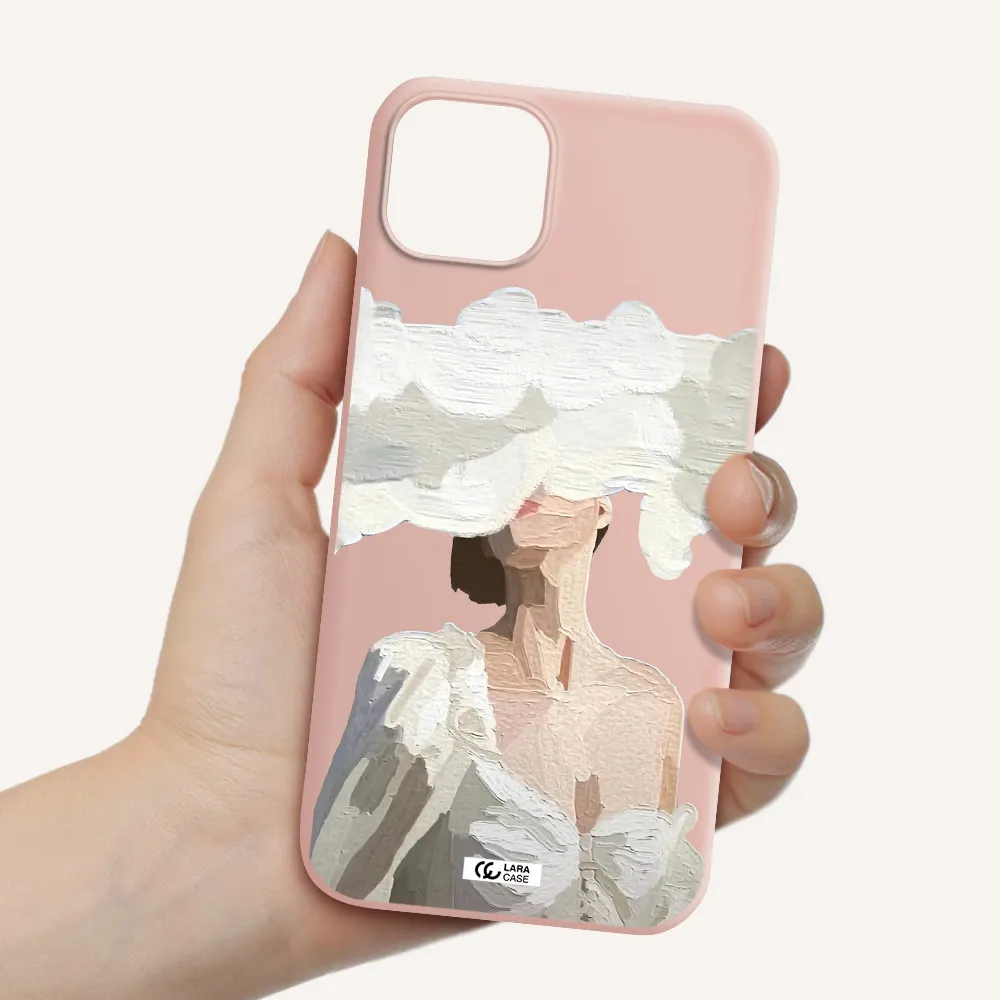 a woman with a cloud covering her face Apple iPhone 14 Silicone pastel pink Case