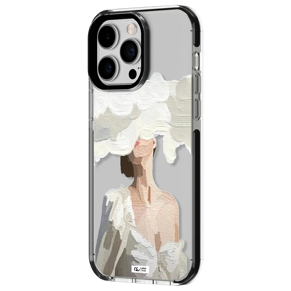a woman with a cloud covering her face Apple iPhone 15 Pro Max impact black border Case